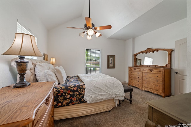107 River Knl, Castroville, TX 78009 - carpeted bedroom with a ceiling fan and high vaulted ceiling