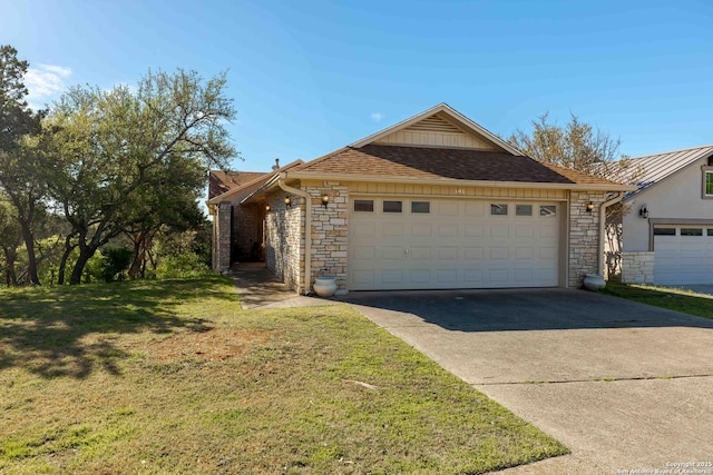 107 Mesa Del Sol, Kerrville, TX 78028 - single story home with stone siding, a front yard, an attached garage, and driveway