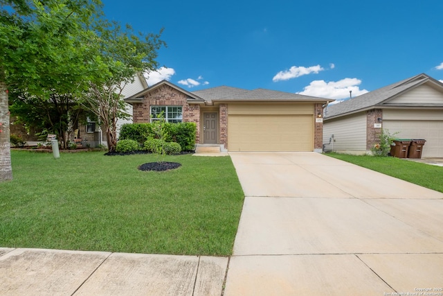 173 Kildeer Crk, San Antonio, TX 78253 - ranch-style house with brick siding, an attached garage, a front lawn, and driveway