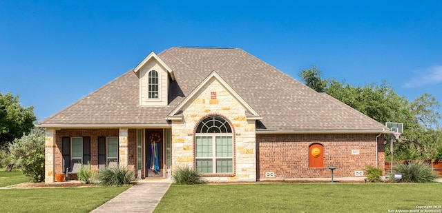 view of front of property with a front yard, roof with shingles, brick siding, and stone siding
