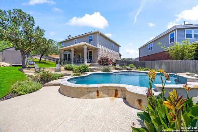 11334 Hill Top Bnd, Helotes, TX 78023 - view of pool with a patio area, a ceiling fan, a fenced backyard, and a storage unit
