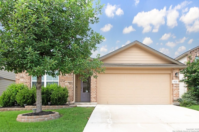 9525 Moon Shine, San Antonio, TX 78254 - view of front of house with brick siding, concrete driveway, an attached garage, and a front yard