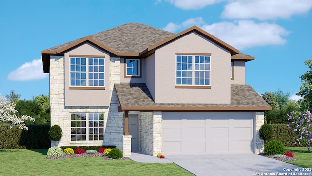 view of front of property with a garage, concrete driveway, a front yard, stone siding, and stucco siding