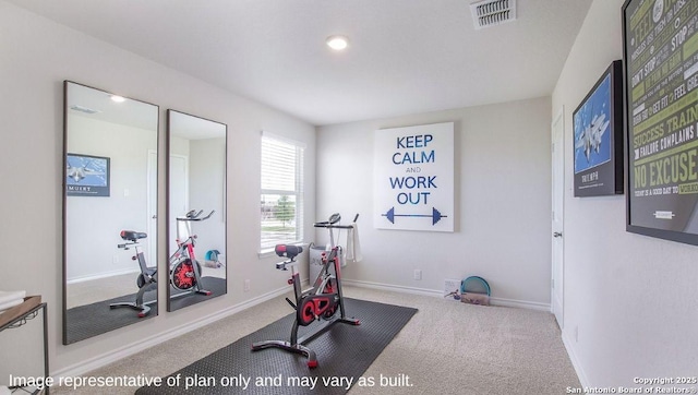 workout area with carpet flooring, baseboards, and recessed lighting
