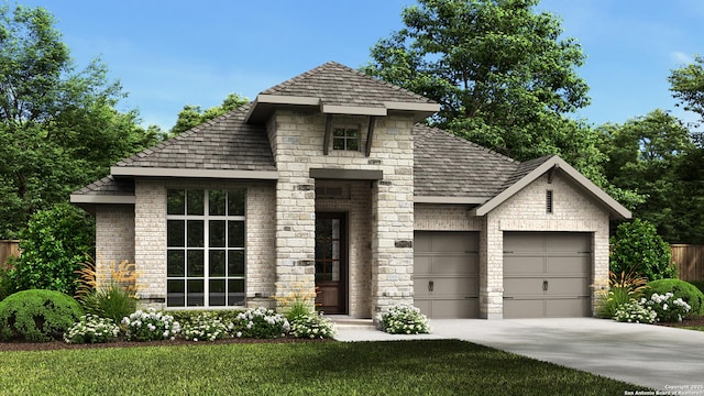 view of front of property with driveway, stone siding, an attached garage, roof with shingles, and a front yard