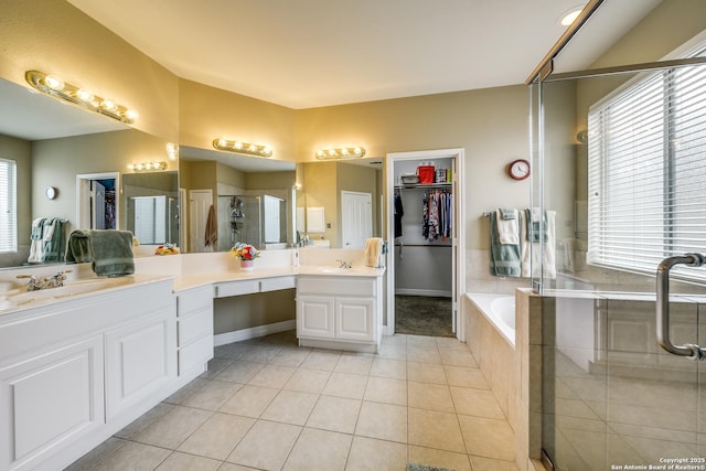 438 Chimney Tops, San Antonio, TX 78260 - full bathroom with tile patterned floors, a shower stall, vanity, and a bath