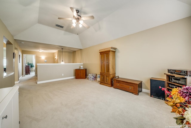 438 Chimney Tops, San Antonio, TX 78260 - interior space with light carpet, a ceiling fan, baseboards, vaulted ceiling, and an upstairs landing