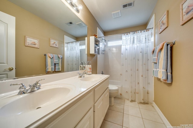438 Chimney Tops, San Antonio, TX 78260 - bathroom with tile patterned floors, toilet, shower / bath combo, double vanity, and baseboards