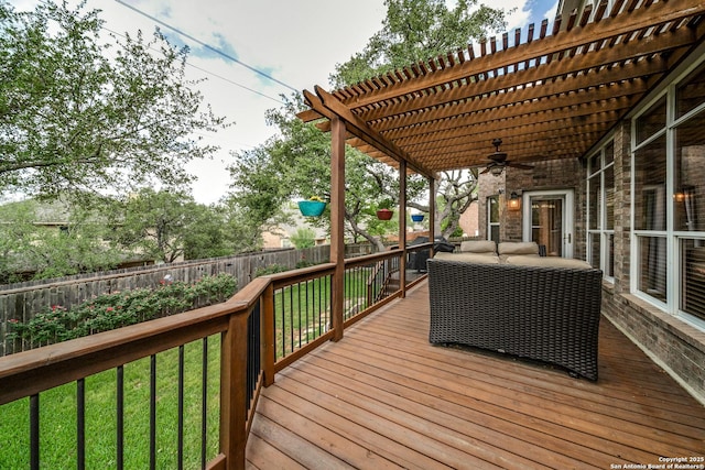 438 Chimney Tops, San Antonio, TX 78260 - wooden terrace featuring ceiling fan, a pergola, and an outdoor hangout area