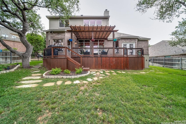 438 Chimney Tops, San Antonio, TX 78260 - rear view of house with a pergola, brick siding, a deck, and a chimney