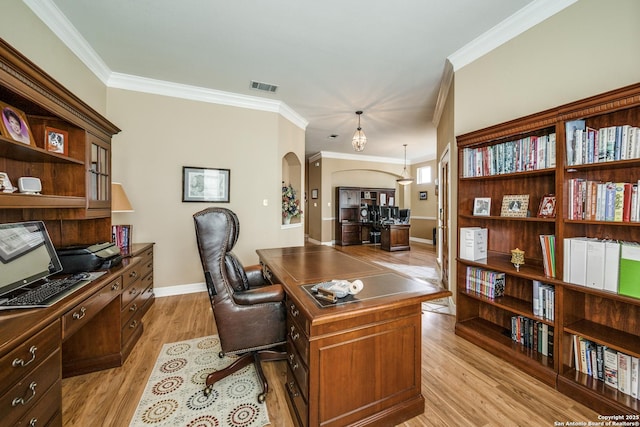 438 Chimney Tops, San Antonio, TX 78260 - office area featuring arched walkways, ornamental molding, light wood-style floors, and baseboards