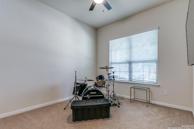 13926 Cohan Way, San Antonio, TX 78253 - exercise area featuring a ceiling fan, carpet floors, and baseboards