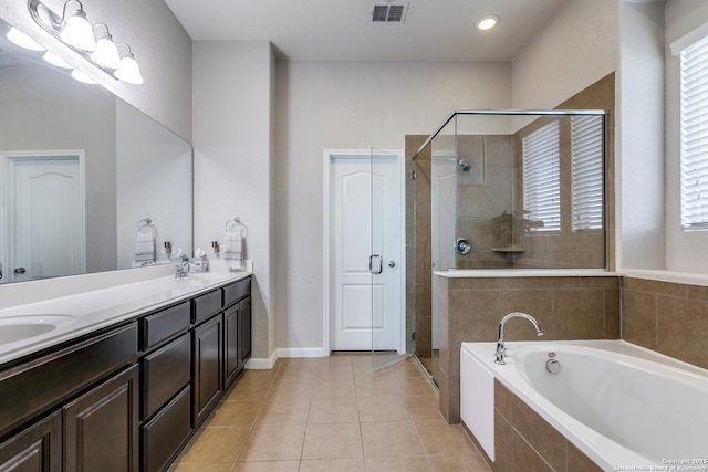 13926 Cohan Way, San Antonio, TX 78253 - full bath featuring a bath, a shower stall, double vanity, tile patterned floors, and recessed lighting
