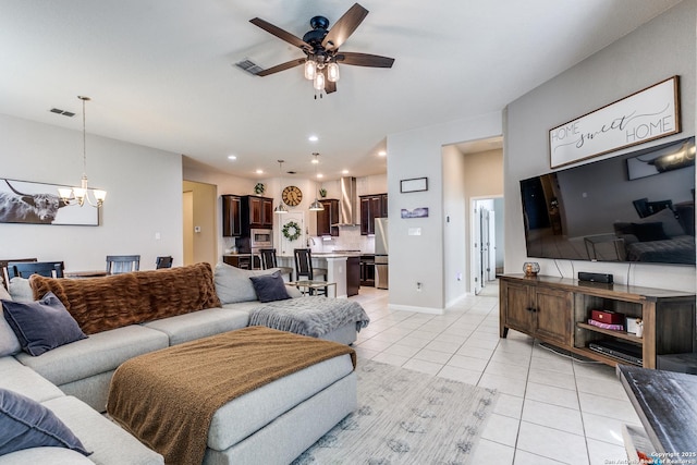 13926 Cohan Way, San Antonio, TX 78253 - living room featuring a chandelier, light tile patterned floors, a ceiling fan, recessed lighting, and baseboards