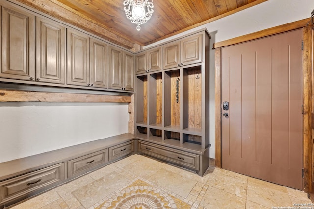 mudroom with wood ceiling