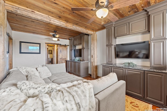 living room with ceiling fan and wood ceiling