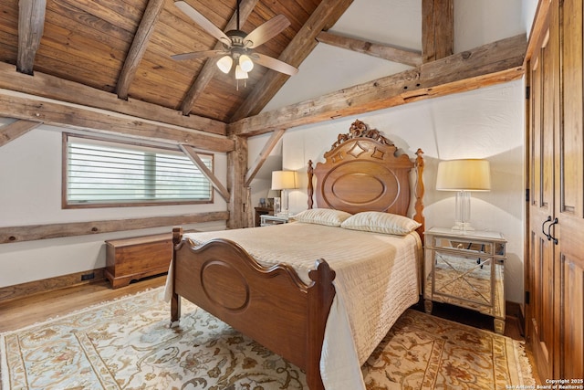 bedroom with wooden ceiling and wood finished floors