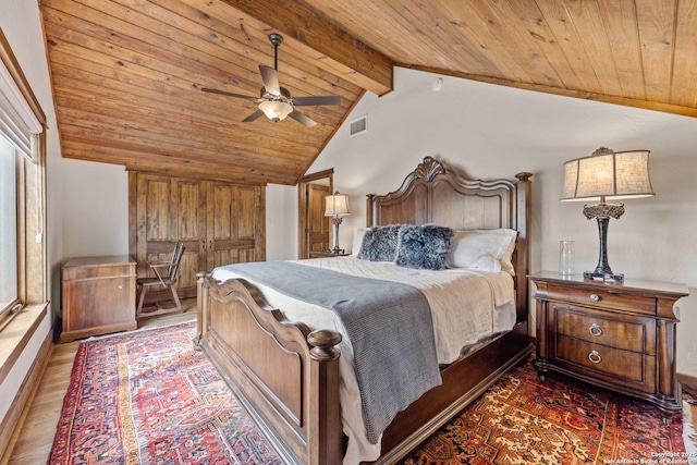 bedroom featuring wood ceiling, wood finished floors, and ceiling fan