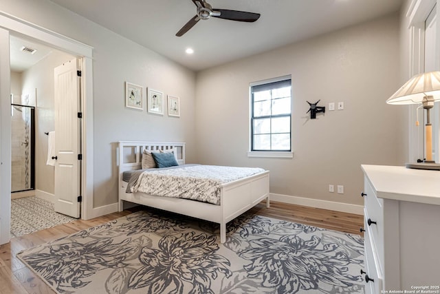 bedroom with light wood finished floors, baseboards, recessed lighting, and a ceiling fan