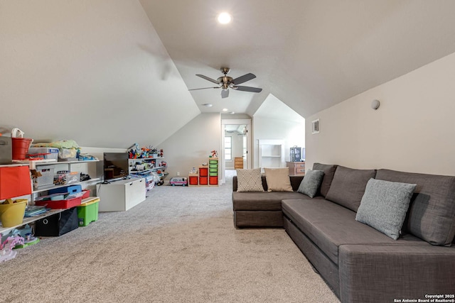 living area with carpet floors, ceiling fan, vaulted ceiling, and recessed lighting