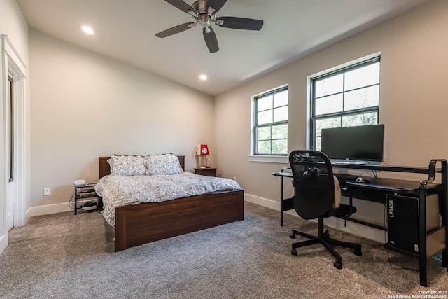 bedroom featuring carpet, vaulted ceiling, baseboards, recessed lighting, and an office area