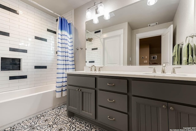 full bath with tile patterned floors, double vanity, and shower / bathtub combination with curtain