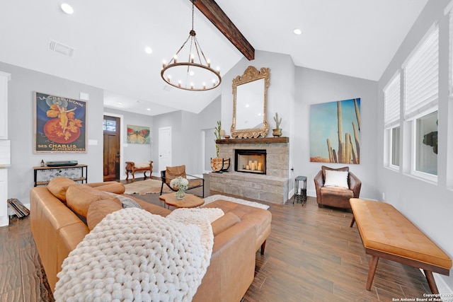 living room featuring a fireplace, wood finished floors, beamed ceiling, a chandelier, and recessed lighting