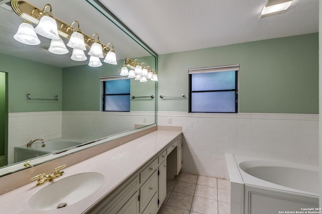 9007 Luzita Ln, San Antonio, TX 78230 - full bathroom with tile walls, tile patterned floors, a bath, vanity, and a wainscoted wall