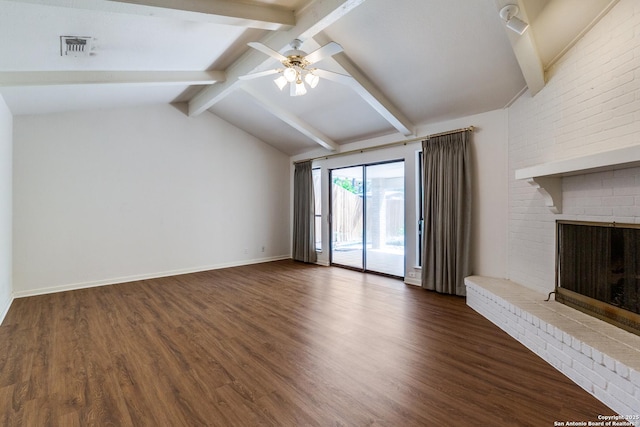 9007 Luzita Ln, San Antonio, TX 78230 - unfurnished living room featuring wood finished floors, ceiling fan, a brick fireplace, and baseboards