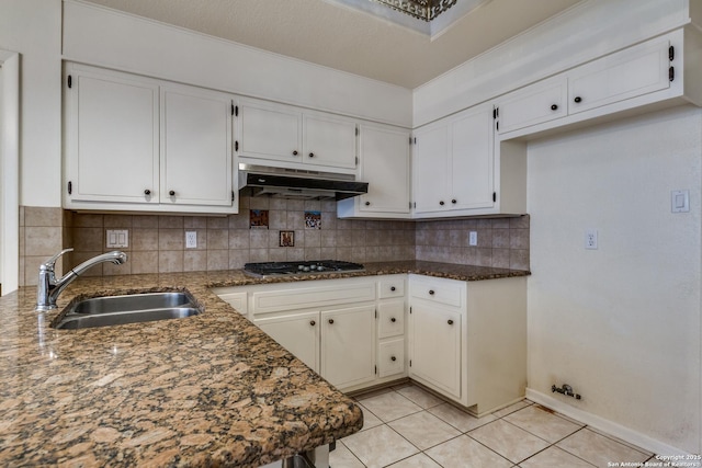 9007 Luzita Ln, San Antonio, TX 78230 - kitchen with a sink, under cabinet range hood, stainless steel gas stovetop, backsplash, and light tile patterned floors