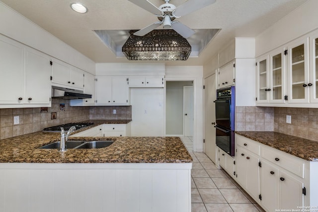 9007 Luzita Ln, San Antonio, TX 78230 - kitchen featuring a sink, under cabinet range hood, a peninsula, a ceiling fan, and backsplash