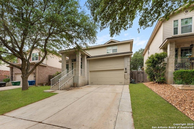 8651 Eagle Peak, Helotes, TX 78023 - traditional home featuring a garage, concrete driveway, and brick siding