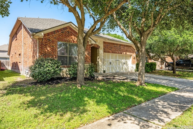 208 Cold Riv, Boerne, TX 78006 - view of front facade with brick siding, driveway, an attached garage, and a front yard