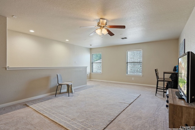 208 Cold Riv, Boerne, TX 78006 - unfurnished room featuring carpet flooring, a ceiling fan, a textured ceiling, baseboards, and recessed lighting