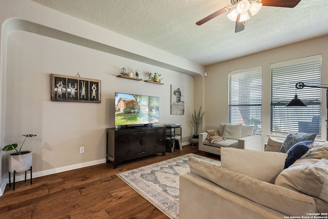 208 Cold Riv, Boerne, TX 78006 - living room with a textured ceiling, ceiling fan, wood finished floors, and baseboards