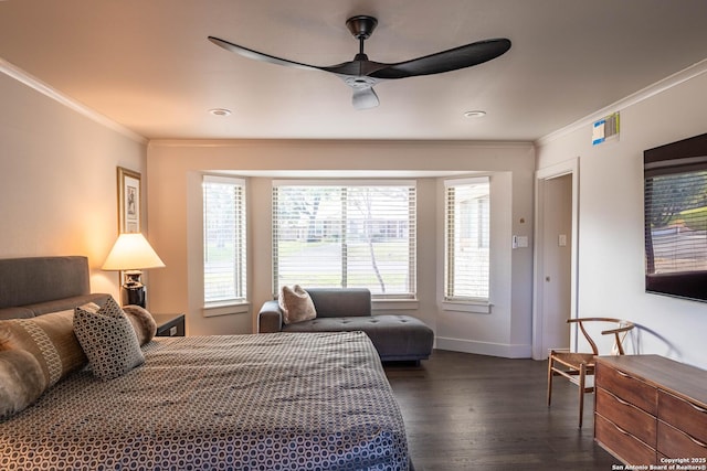 115 Wickford, Castle Hills, TX 78213 - bedroom featuring ornamental molding, dark wood-style floors, baseboards, a ceiling fan, and recessed lighting