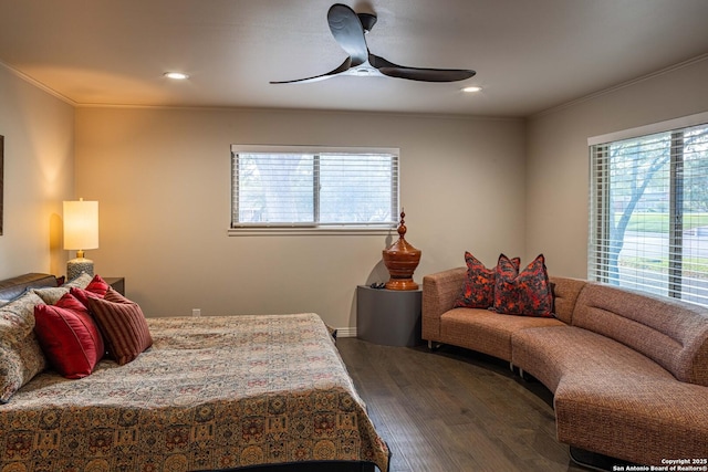 115 Wickford, Castle Hills, TX 78213 - bedroom featuring dark wood finished floors, crown molding, recessed lighting, and a ceiling fan