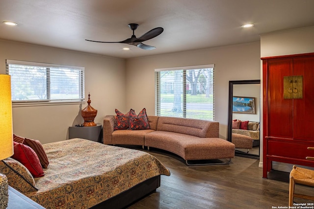 115 Wickford, Castle Hills, TX 78213 - bedroom featuring multiple windows, dark wood finished floors, crown molding, recessed lighting, and ceiling fan