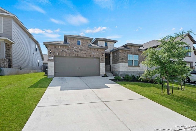 view of front of home with a front lawn, concrete driveway, a garage, and stone siding