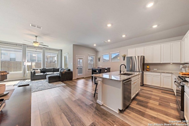 kitchen with stainless steel appliances, open floor plan, wood finished floors, recessed lighting, and a sink