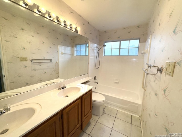 10511 Pemspice, San Antonio, TX 78240 - full bathroom featuring shower / tub combination, toilet, tile patterned floors, and double vanity