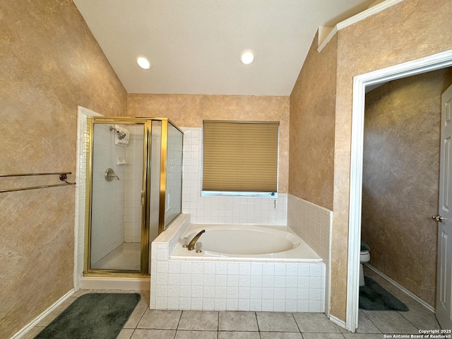 10511 Pemspice, San Antonio, TX 78240 - full bath with a stall shower, tile patterned floors, a garden tub, toilet, and lofted ceiling