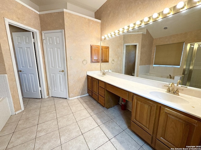 10511 Pemspice, San Antonio, TX 78240 - full bath featuring tile patterned flooring, double vanity, a bath, a textured wall, and a shower with shower door