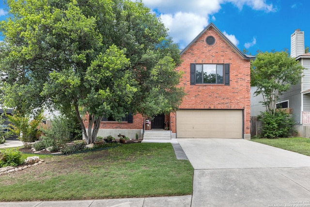 7705 Wood Blf, San Antonio, TX 78240 - view of front facade with brick siding, an attached garage, a front yard, and concrete driveway