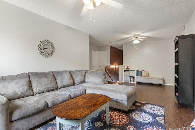 7705 Wood Blf, San Antonio, TX 78240 - living area with ceiling fan, a textured ceiling, and wood finished floors
