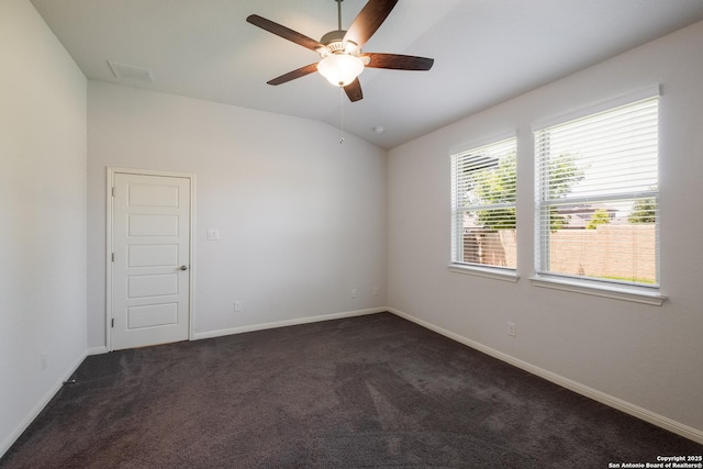 13009 Maridell Park, San Antonio, TX 78253 - empty room with a ceiling fan, dark colored carpet, baseboards, and lofted ceiling