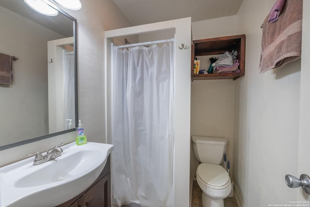 bathroom featuring toilet, vanity, and a shower with curtain