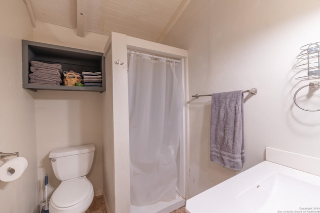 bathroom featuring a stall shower, toilet, and wooden ceiling