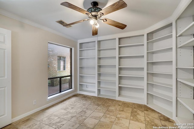 spare room with ornamental molding, ceiling fan, baseboards, and built in shelves