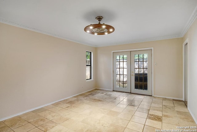 unfurnished room featuring french doors, baseboards, crown molding, and light stone finish flooring